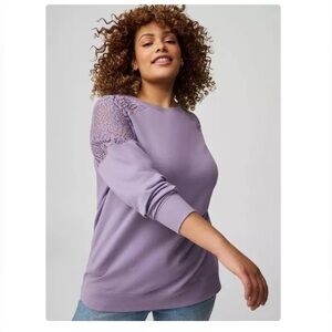 Torrid Size 2X Crochet Lacey Shoulder Crew Sweatshirt Dusky Mauve Purple